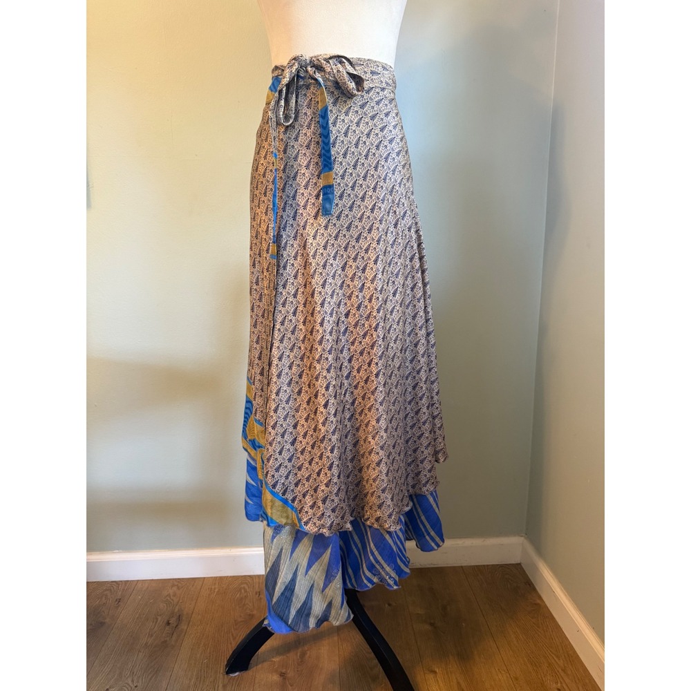 Reversible Wrap Maxi Skirt Boho Geometric Floral Blue Tan flowy resort whimsigot